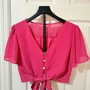 Bright Pink Tie-Front V-Neck Blouse